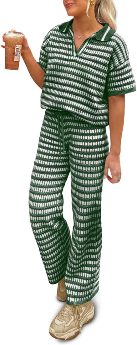 Imily Bela Womens 2 Piece Outfits Striped Short Sleeve Sweater Tops Knit Sets Wide Leg Pants Loun... | Amazon (US)