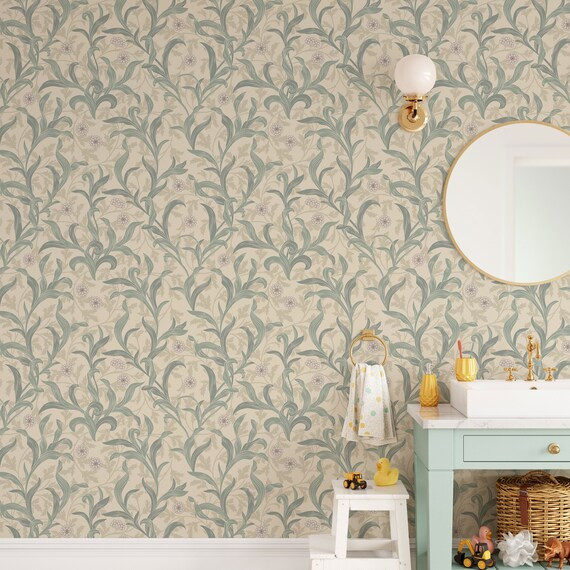 Vintage Floral Wallpaper : Leaves on Light Color Background | Etsy | Etsy (US)