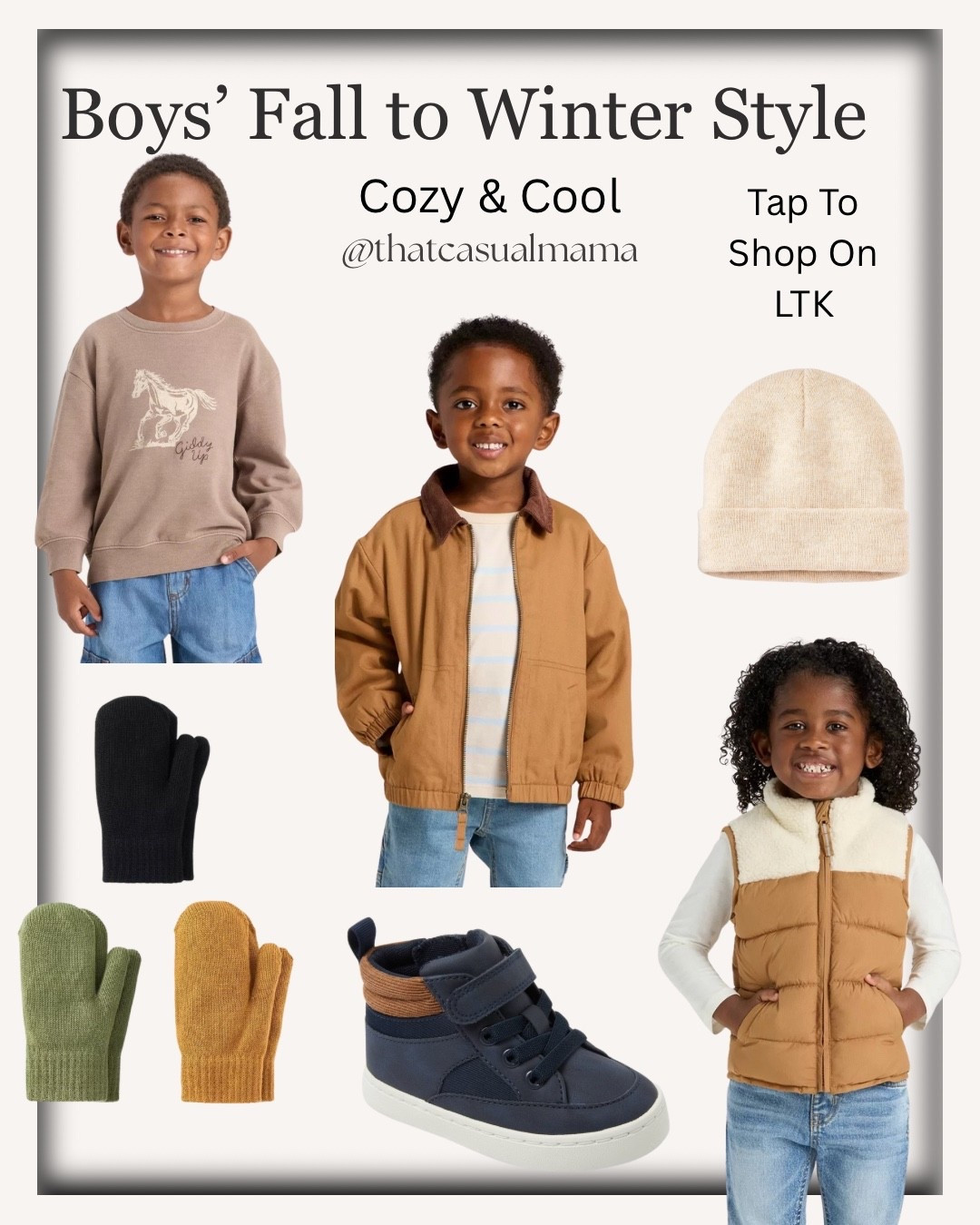 Boys’ fall-to-winter outfits that are cute, cozy + mom-approved 🍂❄️
This season’s lineup: corduroy collar workwear jacket, faux shearling puffer vest, cozy knit long sleeves, classic western tee, denim pants, sneakers, knit beanie + mittens. Everything your little guy needs to go from crisp fall days to chilly winter nights in style.
These boys’ fall and winter outfit essentials are versatile, comfortable, and perfect for school, play, and holiday family outings.
🛒 Shop the collage to grab these affordable boys’ fashion staples now!
#BoysStyle #KidsFashionFinds #FallToWinterStyle #LTKKids #LTKFamily #BoysOutfits #ColdWeatherStyle #LTKSeasonal

#LTKKids #LTKFindsUnder50 #LTKSeasonal
