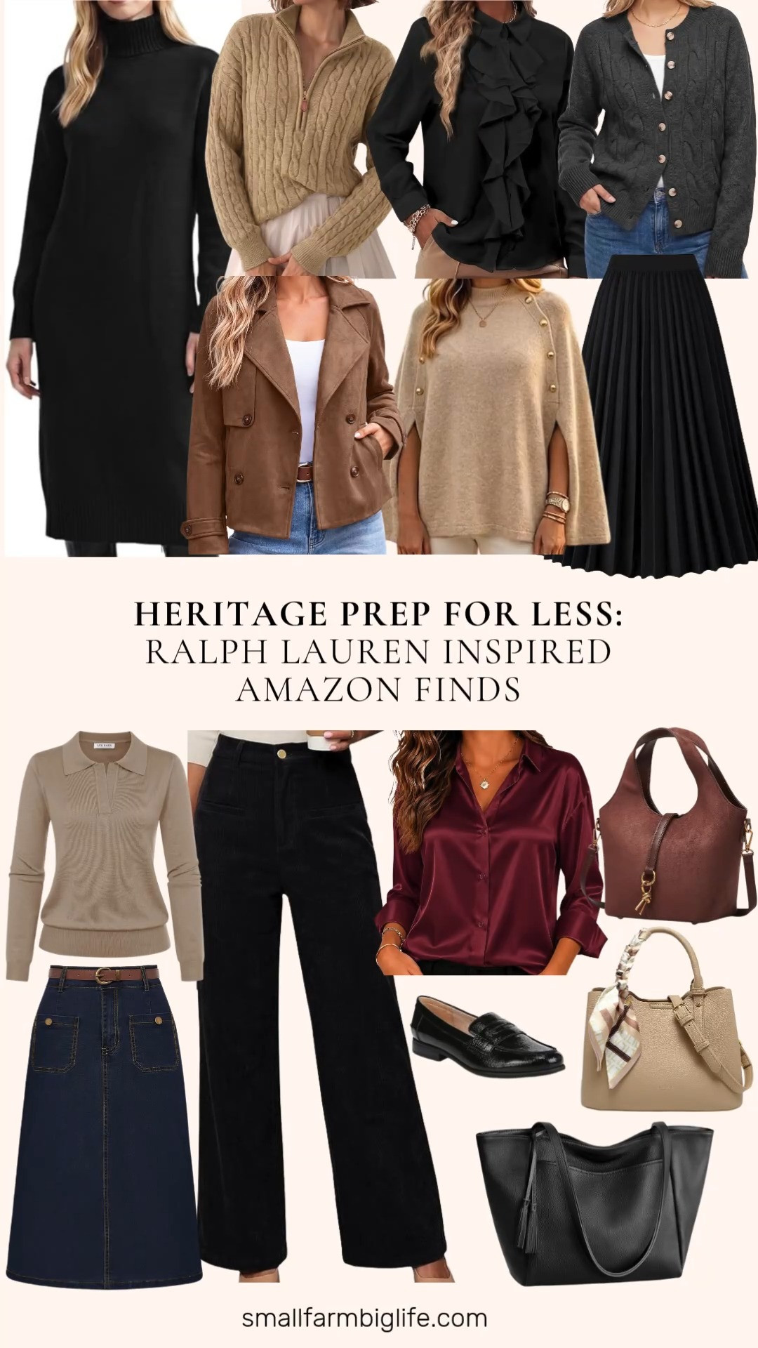 Heritage Prep for Less: Ralph Lauren Inspired Amazon Finds 🍂 Get the timeless, polished look of Ralph Lauren's fall collection for a fraction of the price with these Amazon finds. Classic knits lead the way, with a camel ribbed cable knit quarter zip, a dark grey cable knit cardigan, a khaki collared V neck polo sweater, and a khaki heather cape sweater with gold buttons. For heritage prep polish, pair a black ruffle front blouse or a wine red satin button down with a black pleated midi skirt, black wide leg corduroy pants, or a belted dark denim midi skirt. The brown faux suede double breasted jacket and black ribbed turtleneck sweater dress are easy fall layers for business casual workwear. Finish the look with black LifeStride Madison loafers and a black genuine leather tote, a light tan top handle bag, or a coffee bucket hobo bag. This look for less is perfect for fall outfits for women over 50 and beyond!

#amazonfashion #amazonfinds #lookforless #heritageprep #oldmoneystyle 

 #LTKootd #LTKOver40 #LTKWorkwear
