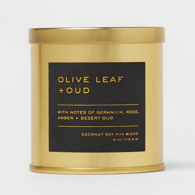 4oz Lidded Metal Jar Black Label Olive Leaf and Oud Candle - Threshold™ | Target