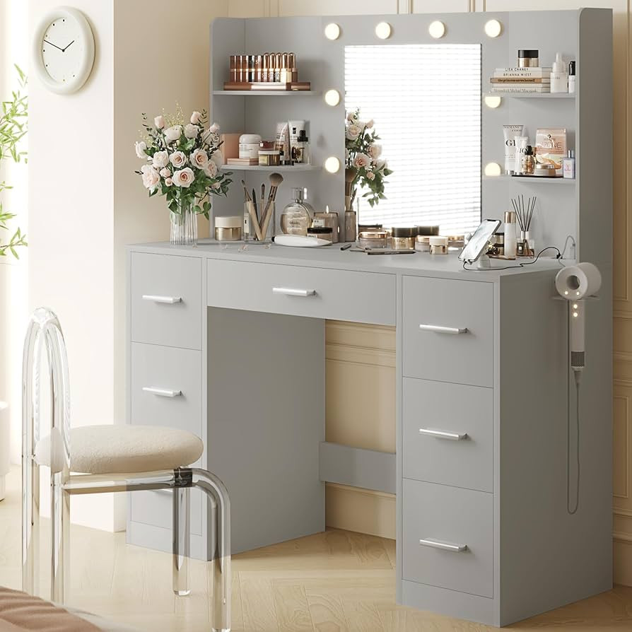 YESHOMY Vanity Desk with Mirror, Power Outlet and 10 Lights, Makeup Table with 7 Drawers, 3 Color... | Amazon (US)