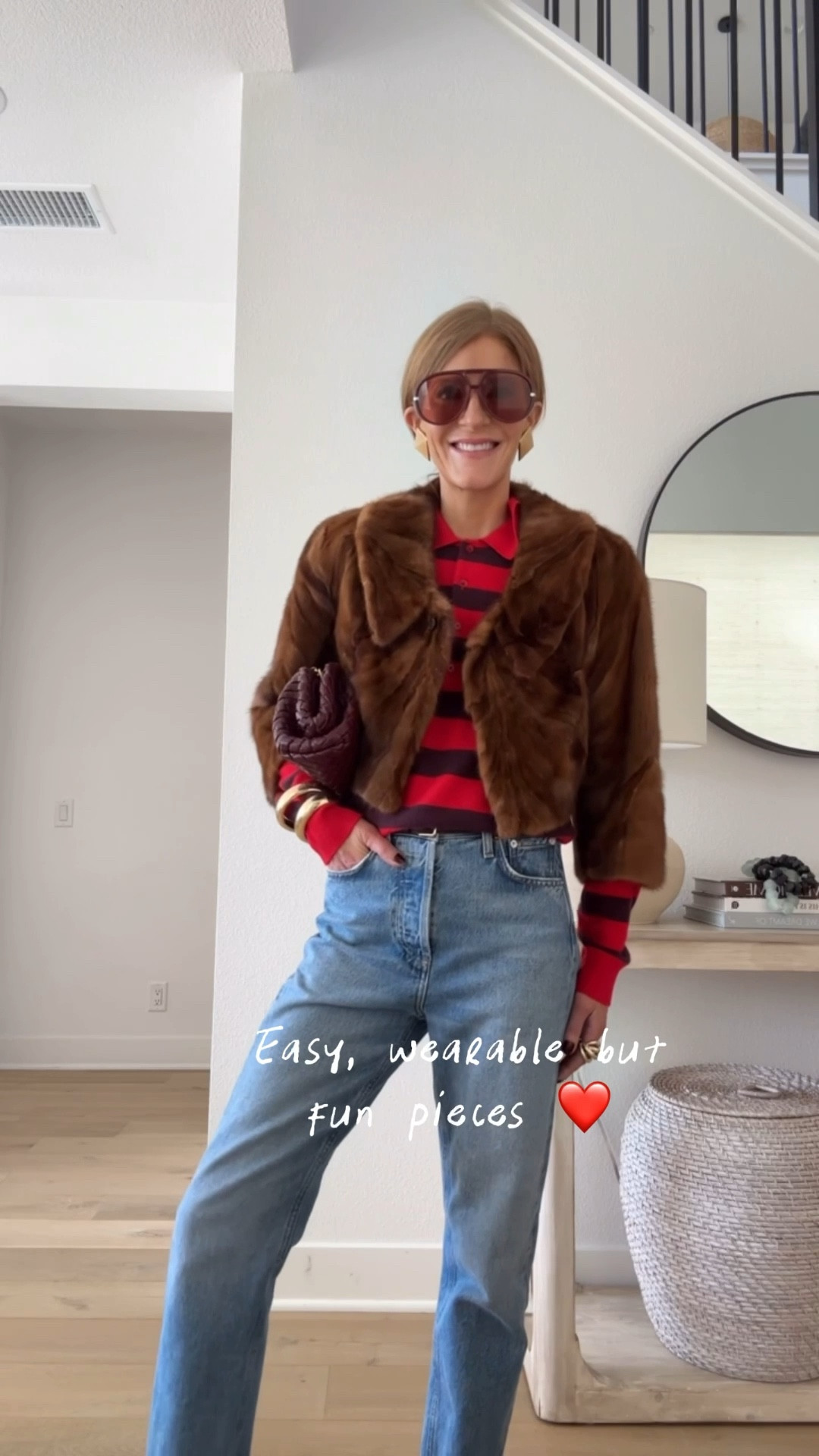 Winter casual Striped rugby polo straight blue jeans slip on ysl loafers amazon sunnies and a fur from my mom's closet! 

#LTKootd #LTKOver40 #LTKFindsUnder100