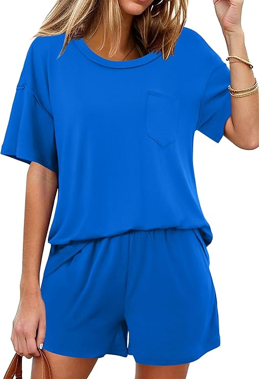 Ekouaer Women's 2 Piece Pajama Sets Short Sleeve Lounge Sets Soft Round Neck Top and Shorts Sleep... | Amazon (US)
