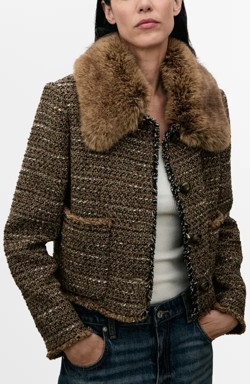 MANGO Fringe Tweed Jacket with Faux Fur in Brown at Nordstrom, Size Large | Nordstrom