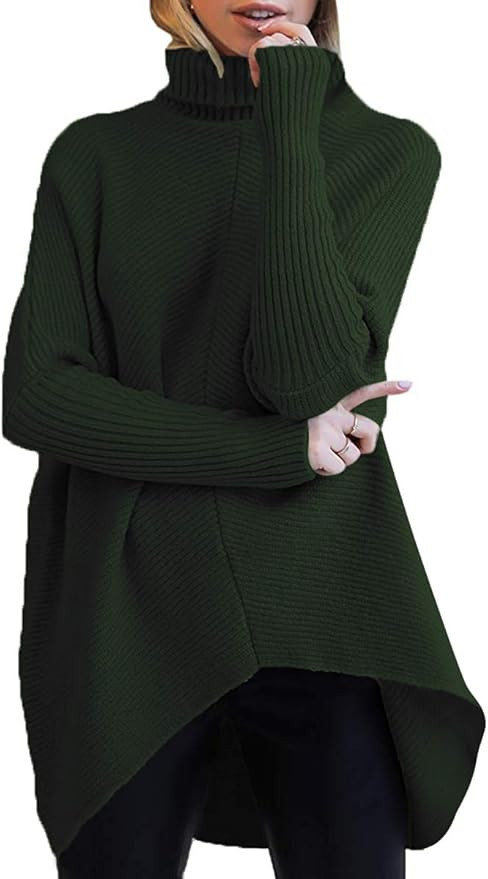 ANRABESS Womens Turtleneck Long Batwing Sleeve Asymmetric Hem Casual Pullover Sweater Knit Tops | Amazon (US)