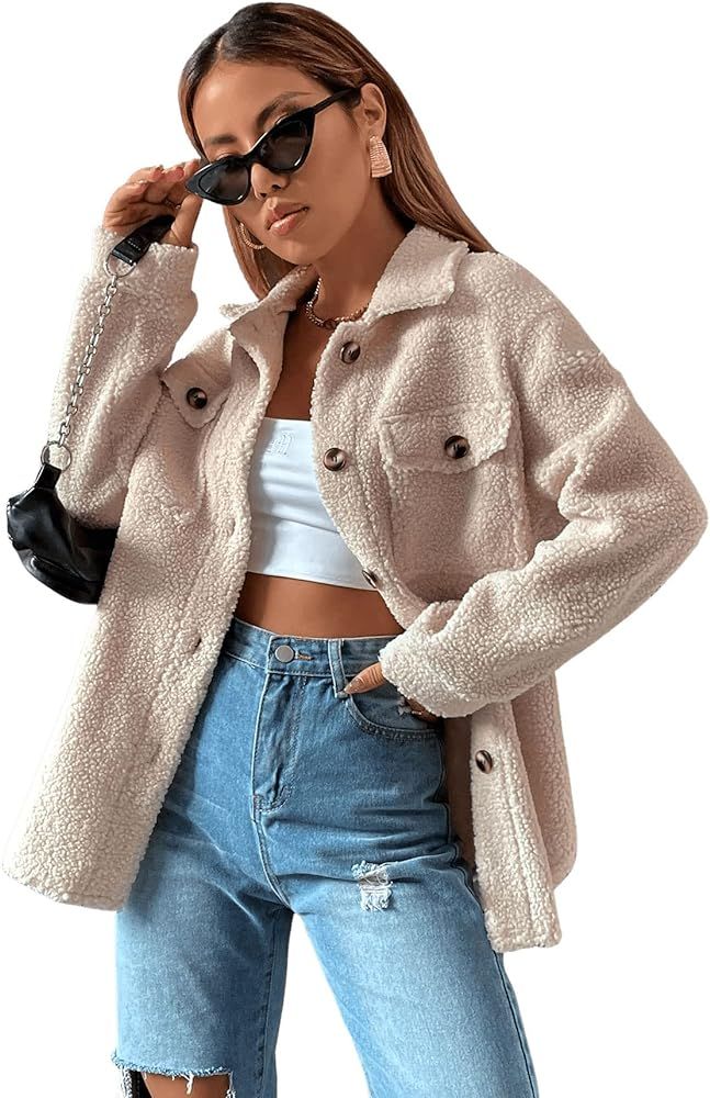 SweatyRocks Women's Long Sleeve Button Front Collared Jacket Fuzzy Fleece Coat Outerwear with Poc... | Amazon (US)