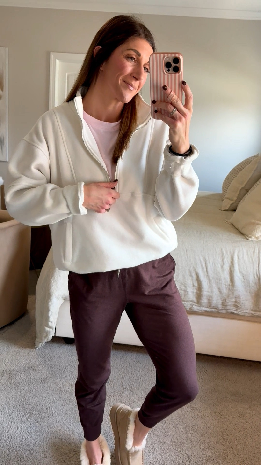 Sweatshirt is M-tts (currently unavailable but linked similar) from Amazon. Fleece lined with zip up and pockets 
Tee is on sale from Amazon. TTS-medium. If between, go up
Joggers are my favorite ever from Vuori. Color is Java Heather. TTS-if between go down. Wearing a small. 
Shoes are my fave new platform fleece lined Ugg slippers from Nordstrom with hard sole to wear outside too!

Loopy phone case 10% off with code: watsonansley10

Click the images to shop!

Active | daily | fit | comfy | joggers | sweatpants | fitness | pullover | sweatshirt | earrings | loop phase case | Uggs | Ugg | tee | amazon fashion | mom style | sahm



#LTKStyleTip #LTKActive #LTKSaleAlert