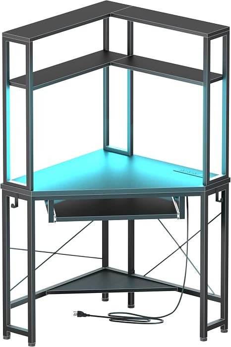 Corner Desk with Hutch and LED Light, Keyboard Tray, Black | Amazon (US)