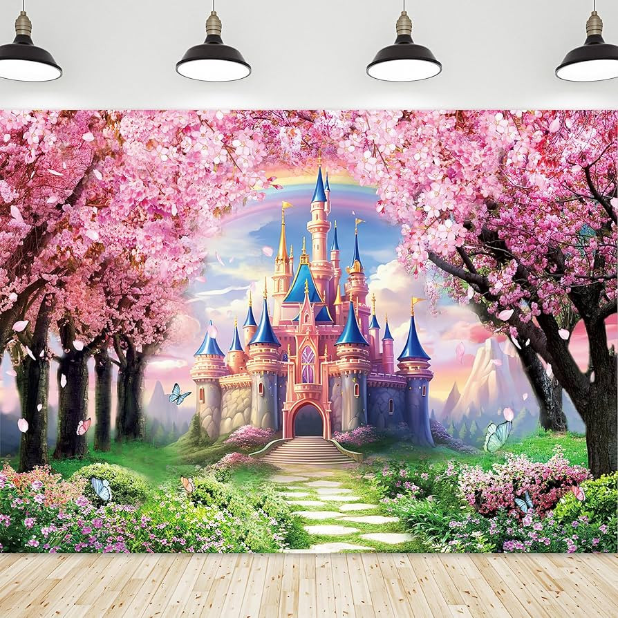 Riyidecor Princess Castle Backdrop Rainbow Pink Sakura Flowers Floral Fantasy Fairy Tale Wonderland 7Wx5H Feet Photography Background Birthday Wedding Party Photo Studio Shoot Polyester Fabric | Amazon (US)