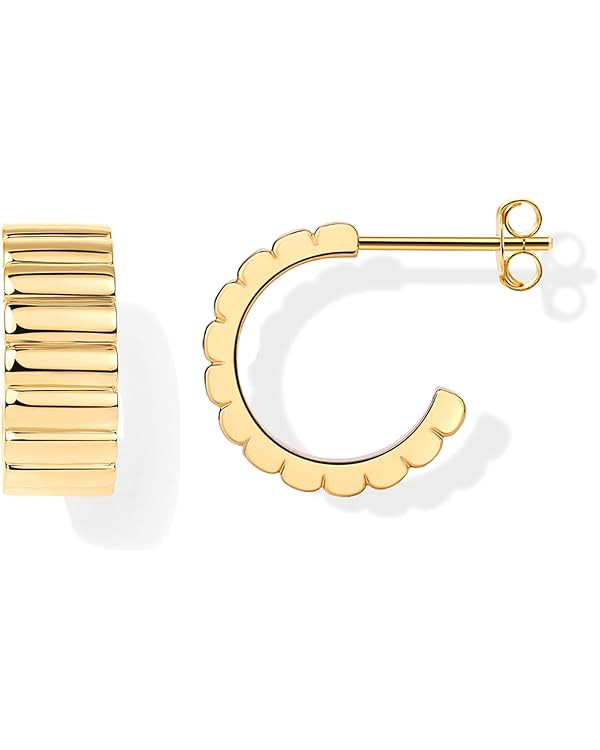 PAVOI 14K Gold Plated Bold Statement Hoop Earrings for Women - Trendy Boho Ribbed Croissant Scall... | Amazon (US)