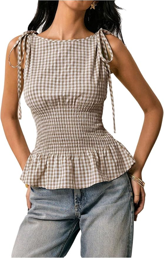 Floerns Women's Gingham Peplum Tie Shoulder Sleeveless Elegant Tank Tops | Boat Neck, Cinched Wai... | Amazon (US)