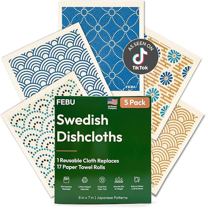 FEBU Swedish Dishcloths for Kitchen | 5 Pack Japanese Reusable Paper Towels Washable | Swedish Di... | Amazon (US)