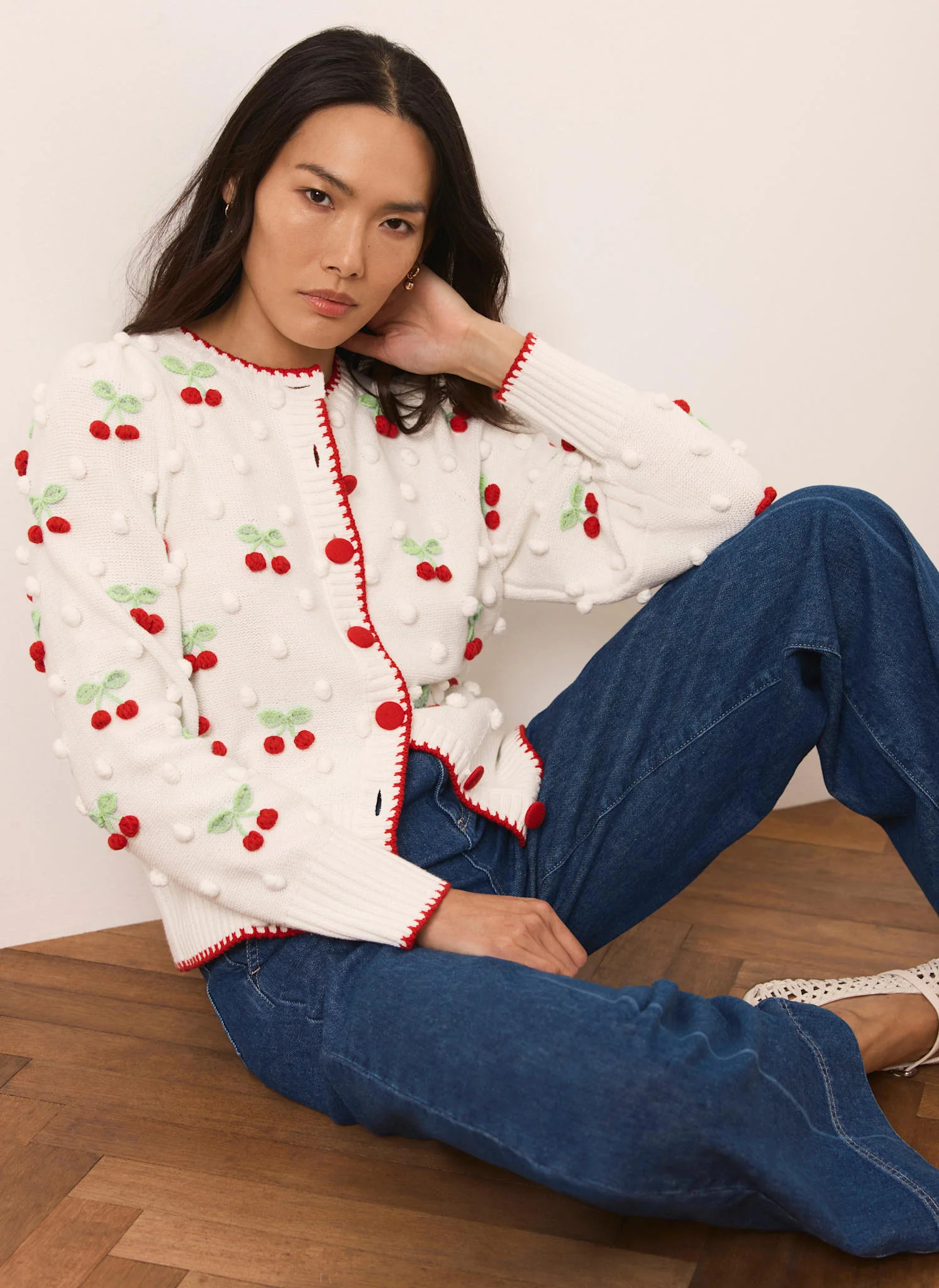 Cream Cherry Applique Knit Cardigan | Mint Velvet