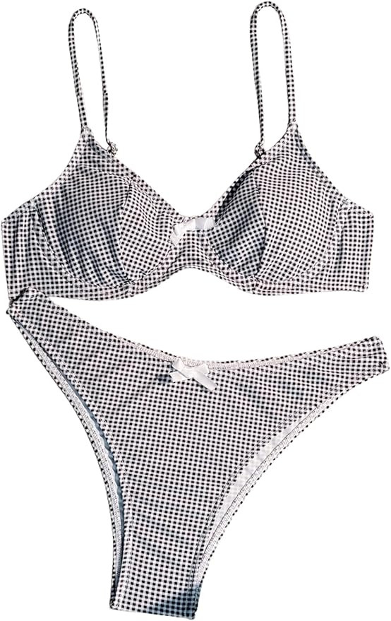SweatyRocks Women's 2 Piece Bikini Set Plaid Bowknot Gingham Bikini Swimsuit High Cut Cute Bikini | Amazon (US)