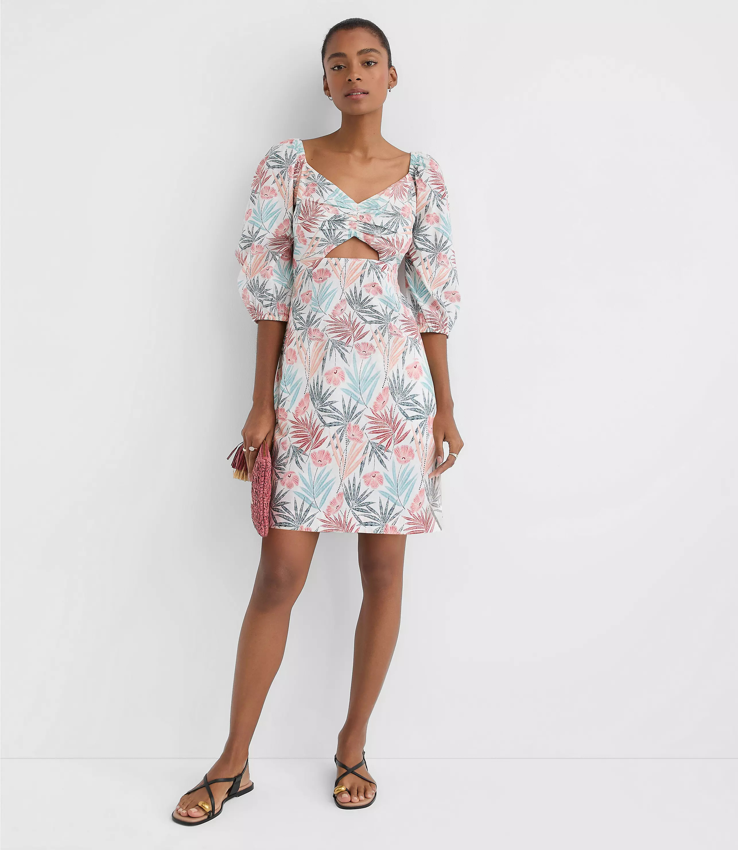 LOFT Beach Palm Linen Cotton Cutout Mini Dress | LOFT
