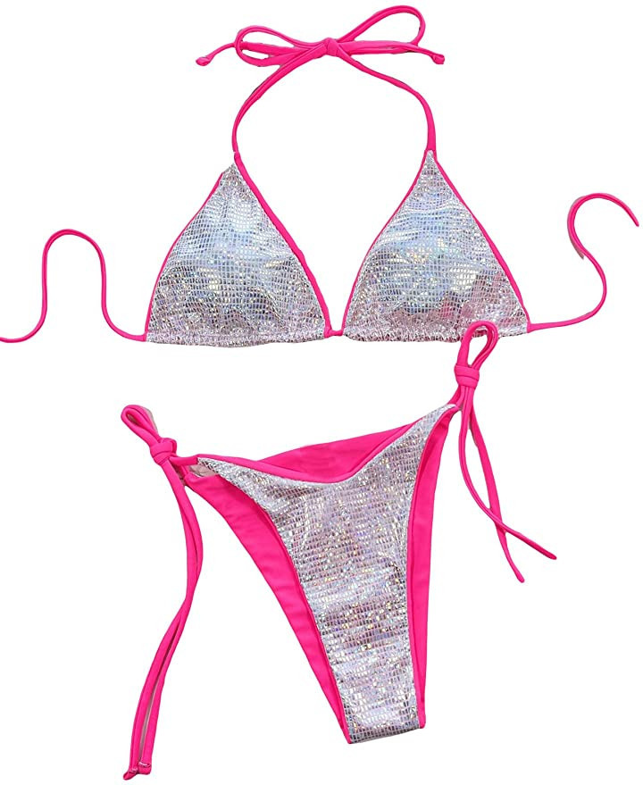 SOLY HUX Women's Sexy Metallic 2 Piece Swimsuit Halter Triangle Tie Side Bikini Set Bathing Suits | Amazon (US)