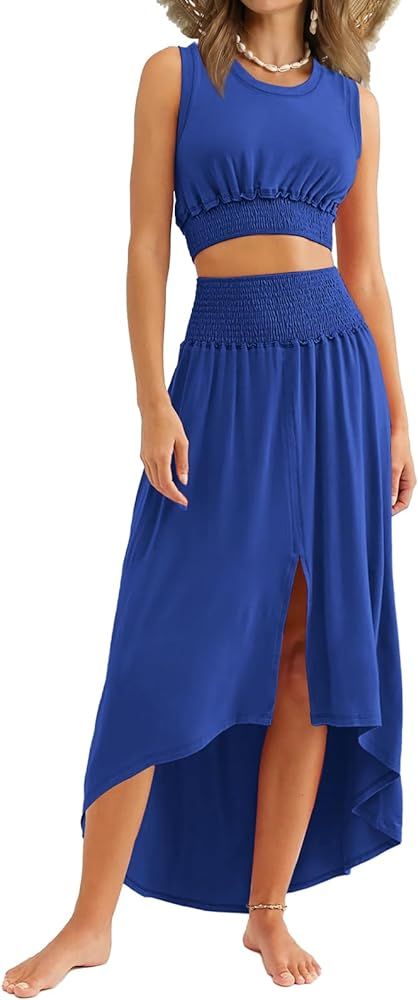 WIHOLL Womens 2 Piece Summer Outfits Crew Neck CropTops Casual Split Vacation Maxi Skirt Dress Se... | Amazon (US)