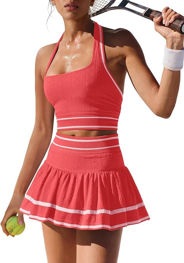 ReachMe Womens Two Piece Tennis Skirt Set 2 Piece Golf Outfits Halter Top and Mini Skorts Matchin... | Amazon (US)