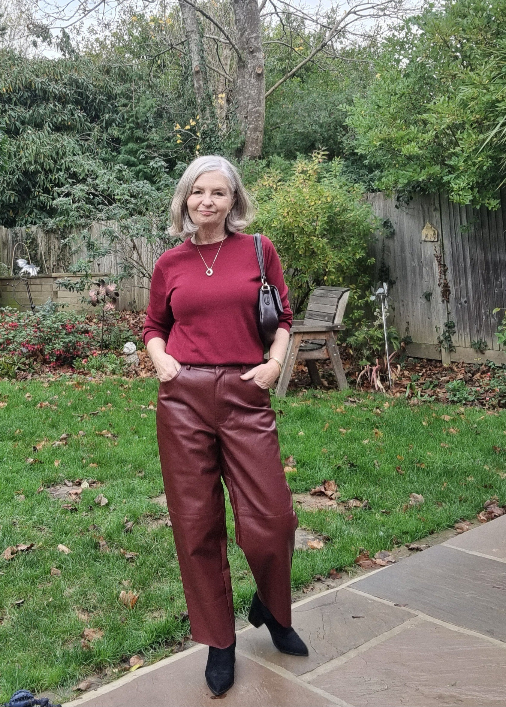 Burgundy leather, leather pants, leather trousers, burgundy knit, merino wool, 

#LTKuk #LTKwinter #LTKautumn