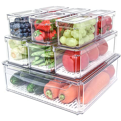 POMEAT 10 Pack Fridge Organizer, Stackable Refrigerator Organizer Bins with Lids, Produce Fruit Storage Containers for Storage Clear for Food, Drinks, Vegetable Storage | Amazon (US)