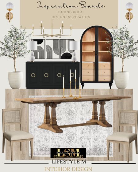 Farmhouse dining room inspiration. Recreate the look at home. Wood dining table, wood upholstered dining chair, white grey rug, gold candle holder, white tree planter pot, faux fake tree, black buffet console credenza, black china cabinet, table lamp, wall art, brass dining room chandelier, brass wall sconce lights, wood floor tiles.

#LTKhome #LTKstyletip #LTKFind