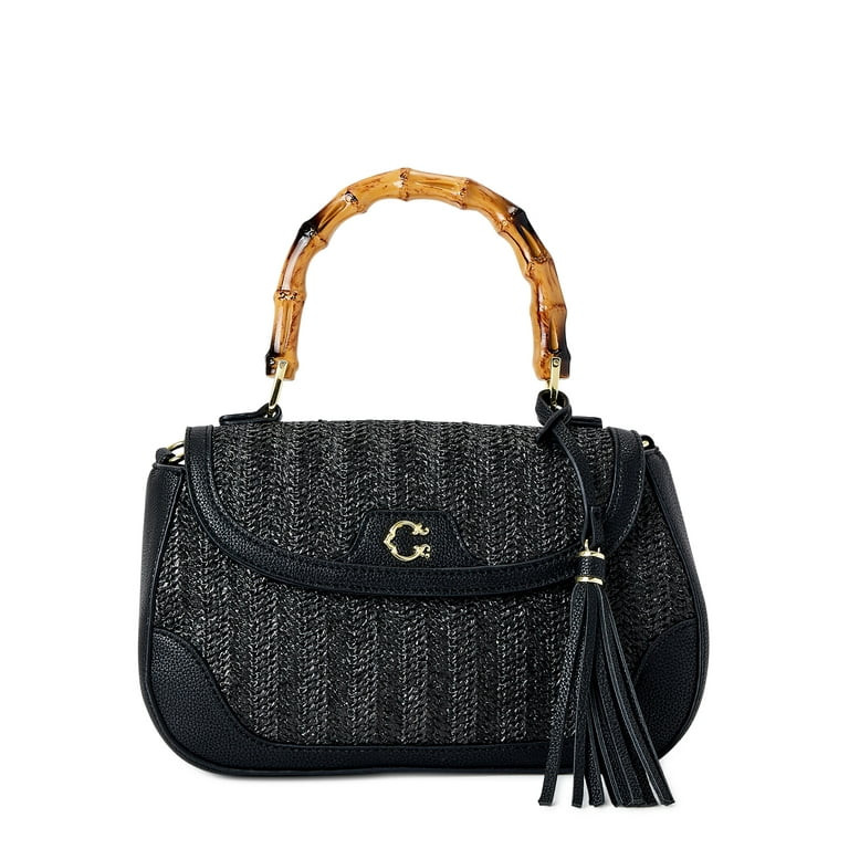 C. Wonder Women’s Adult Jasmine Faux Straw Shoulder Bag with Bamboo-Look Handle Black | Walmart (US)