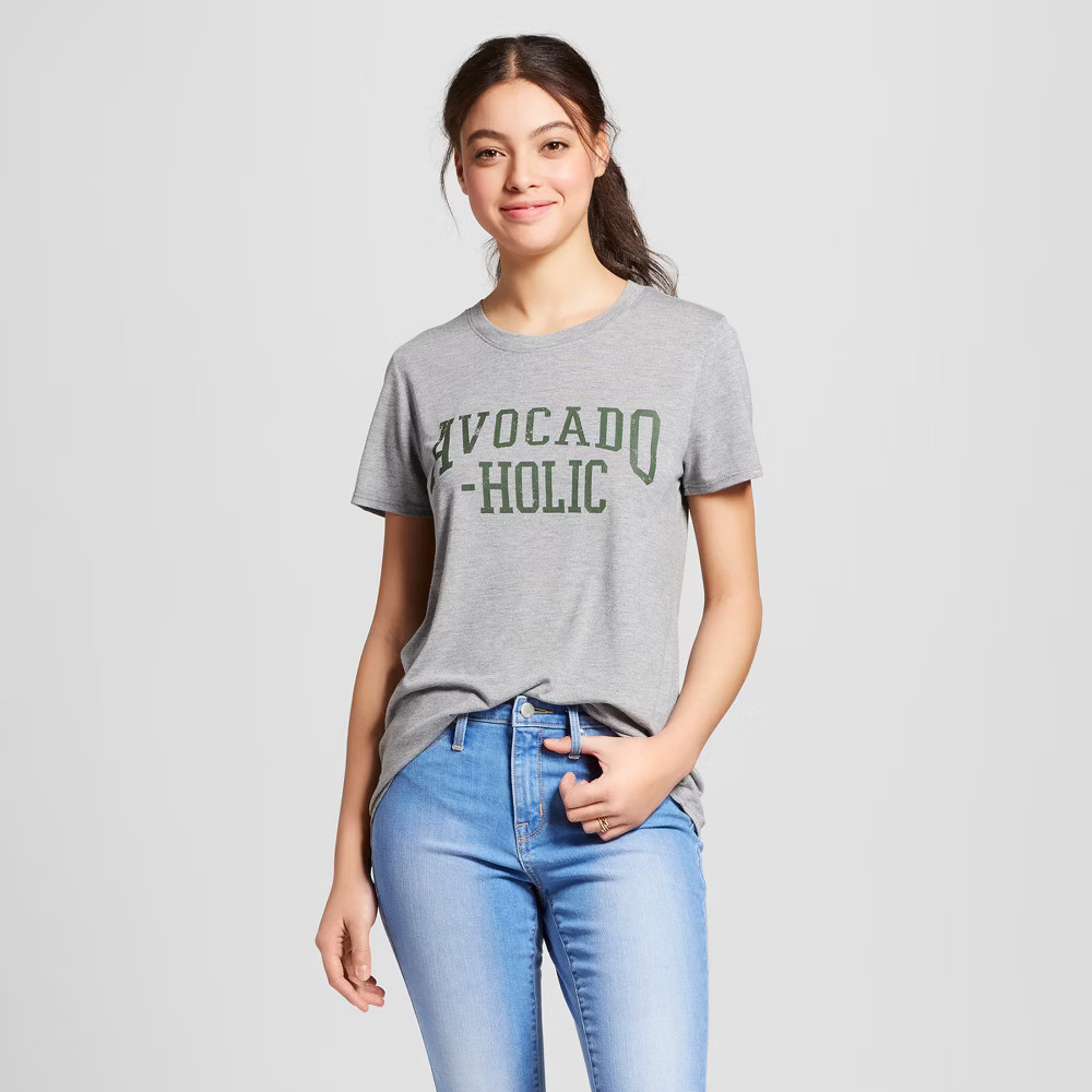 Women's Avocado-Holic Short Sleeve Crew Neck T-Shirt - Modern Lux (Juniors') - Heather Gray S | Target