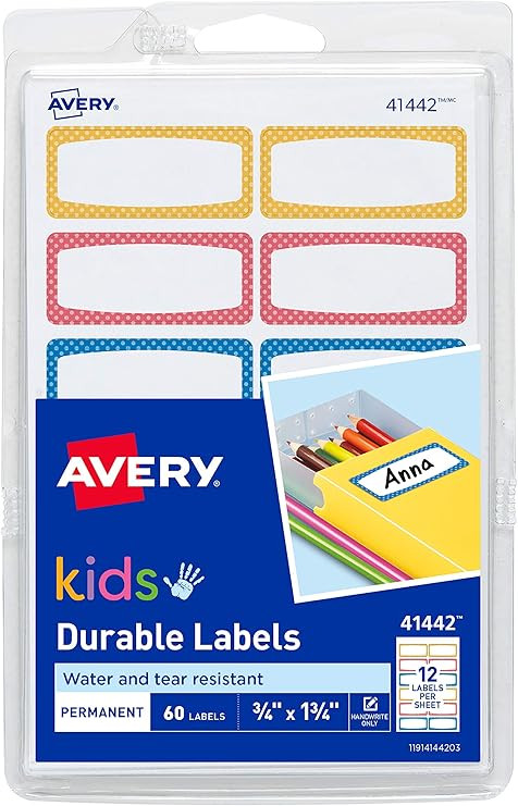 Avery Durable Labels for Kids' Gear, Assorted Border Colors, Handwrite, 3/4" x 1-3/4", 60 Labels ... | Amazon (US)