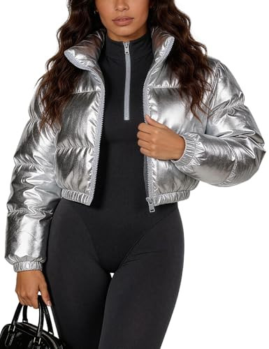 Flygo Women's Silver Puffer Jacket Metallic Shiny Cropped Quilted Puffy Jackets Zip Up Padded Down Coat Outerwear L | Amazon (US)