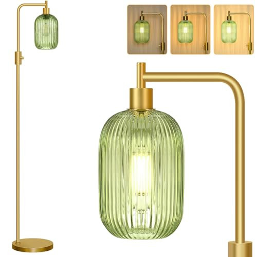 【Upgraded】 Dimmable Glass Floor Lamp for Living Room, Modern Gold Standing Lamp with Green Ribbed Glass Lampshade & Knob Dimmer, Arc Tall Lamp for Bedroom Office Reading Room, 2700K Led Bulb Included | Amazon (US)