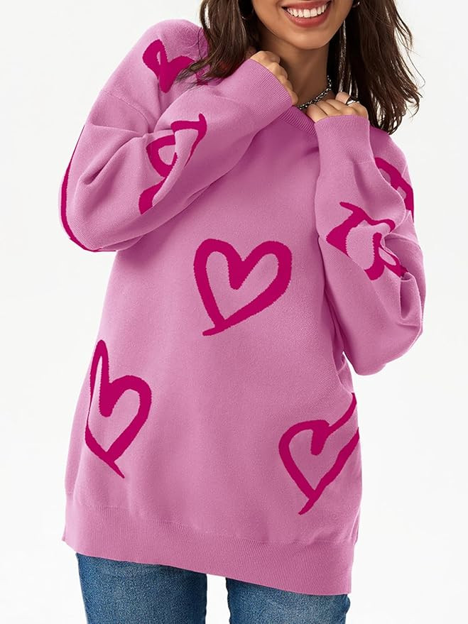 Saodimallsu Womens Oversized Heart Sweater Crew Neck Long Sleeve Knit Cute Valentines Pullover Sw... | Amazon (US)