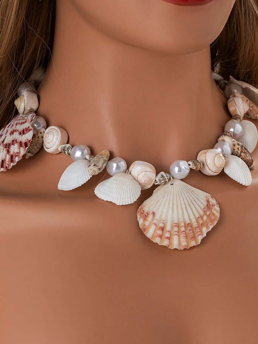 Vintage Boho Shell And Imitation Beaded Pendant Necklace, Shell Variety, Fashionable, For Daily A... | SHEIN