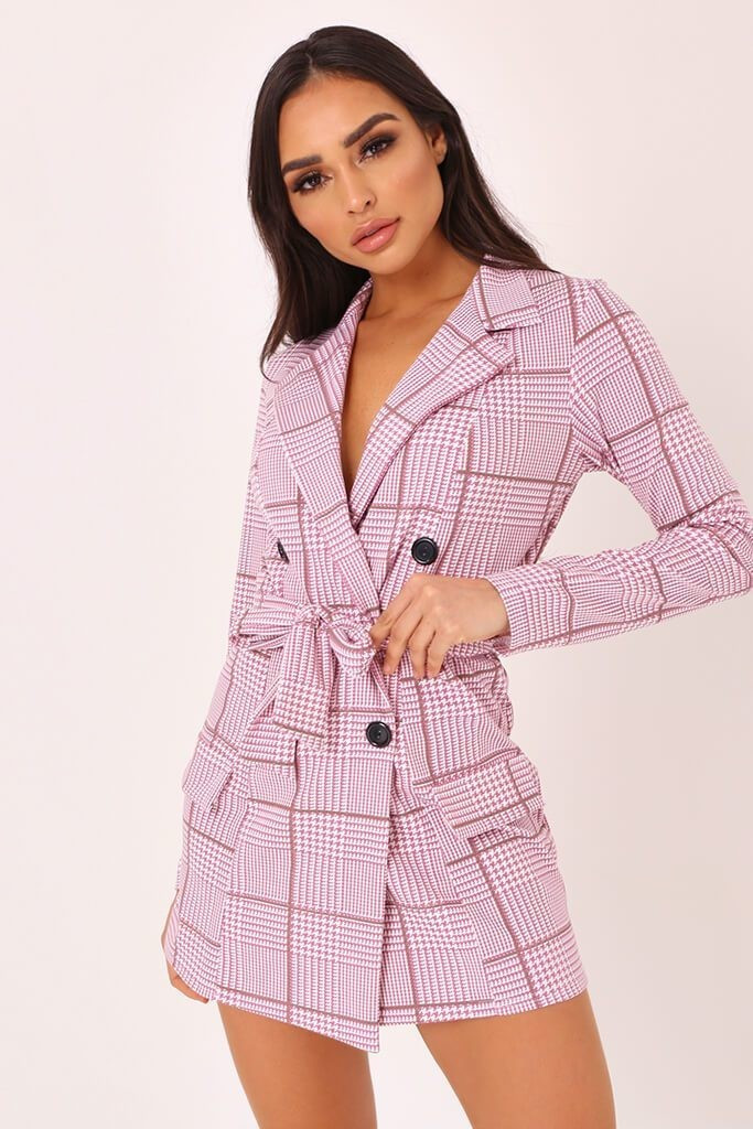 Pink Check Belted Double Breasted Blazer Dress | ISAWITFIRST