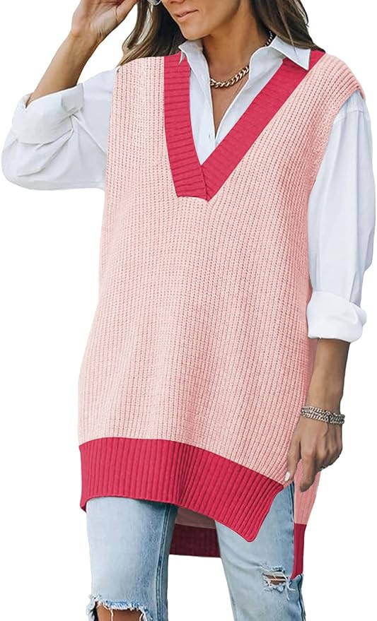 Viottiset Women's Oversized V Neck Knit Sweater Vest Tunic Sleeveless Pullover Top | Amazon (US)