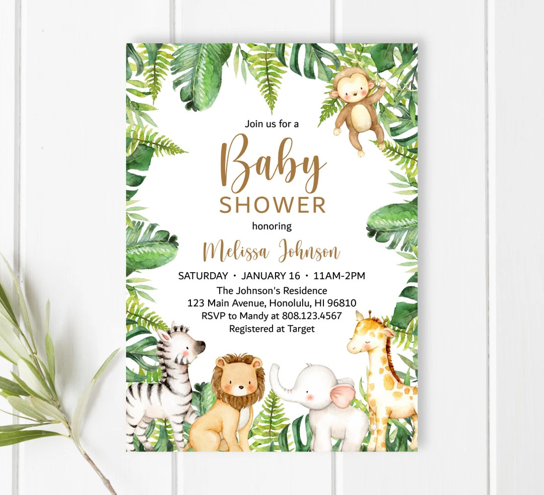 Jungle Baby Shower Invitation Safari Baby Shower Invite Jungle Animals Safari Animals Tropical Le... | Etsy (US)