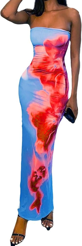 SOLY HUX Women's Tie Dye Maxi Tube Dress Strapless Sleeveless Split Back Bodycon Dresses | Amazon (US)