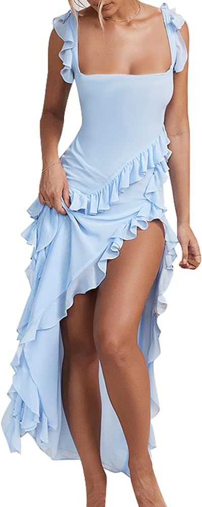 Ecirod Womens Spaghetti Strap High Slit Bodycon Maxi Dress Square Neck Backless Party Club Dress | Amazon (US)
