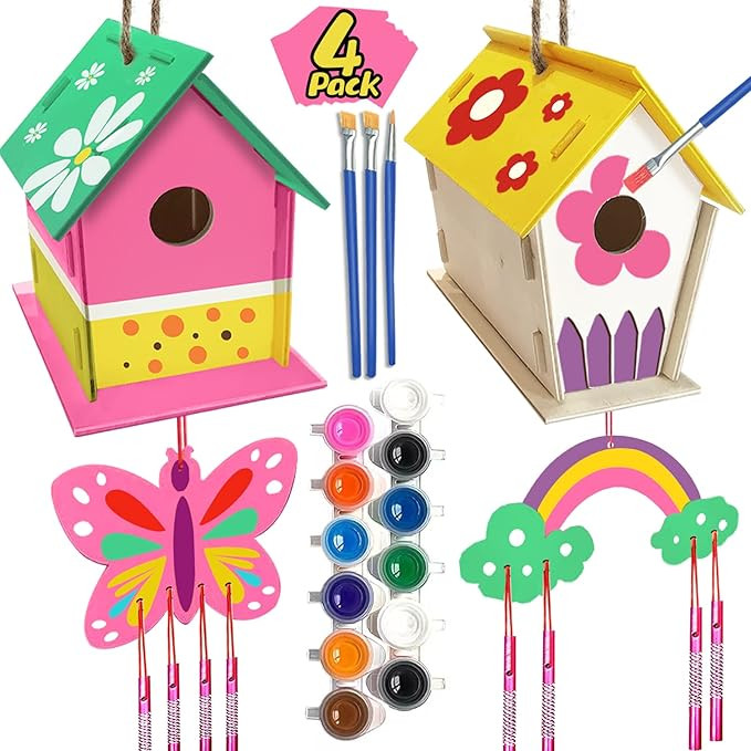 Crafts for Kids Ages 4-8 - 4 Pack DIY Bird House Wind Chime Kit - Build and Paint Birdhouse (Incl... | Amazon (US)