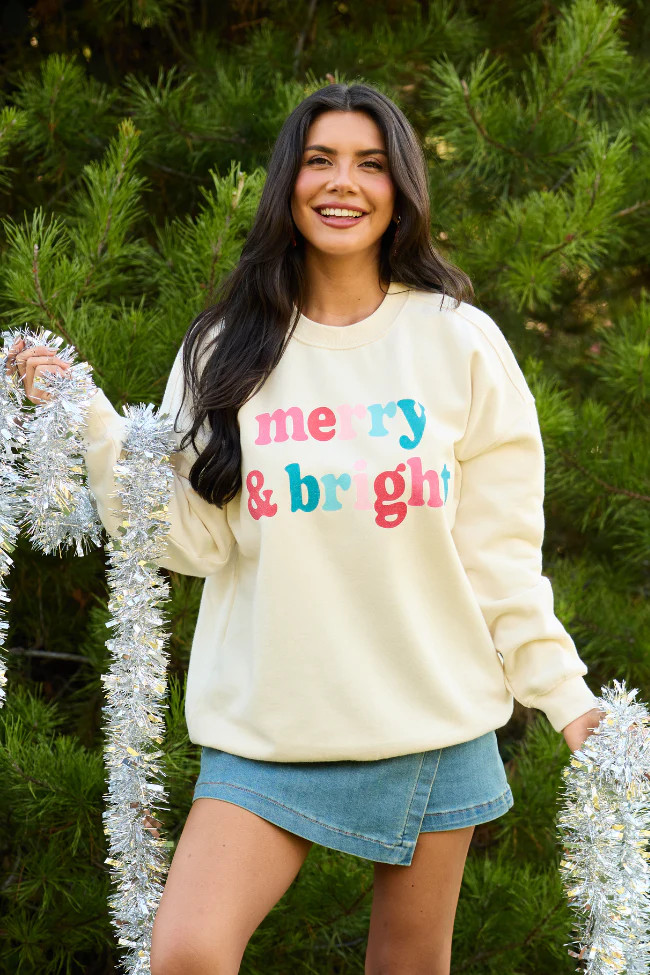Merry & Bright Cream Graphic Sweatshirt | Pink Lily