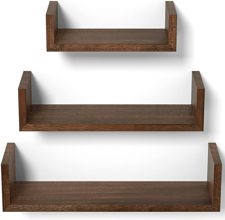 SRIWATANA Floating Shelves Wall Mounted, Solid Wood Wall Shelves Set of 3, Dark Brown… | Amazon (US)