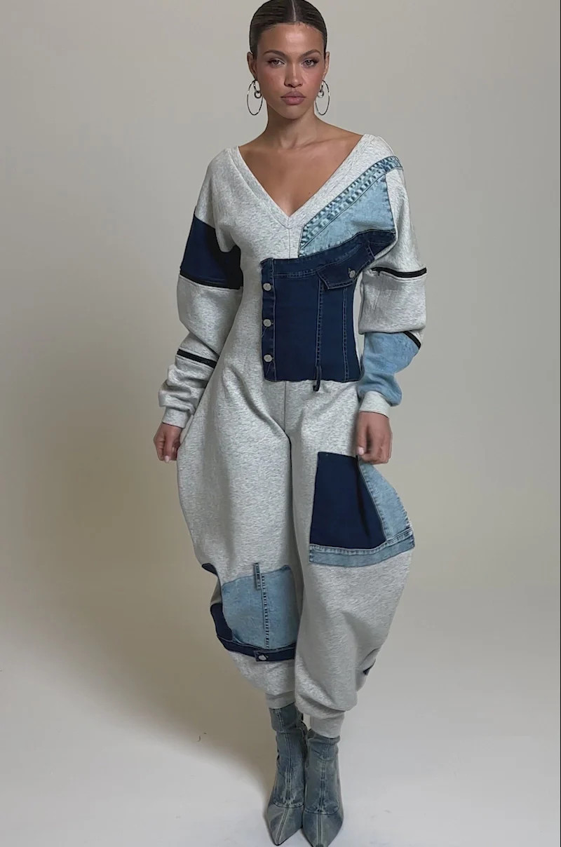 COMFY COZY SWEATSHIRT JUMPSUIT IN PATCHWORK DENIM | AKIRA