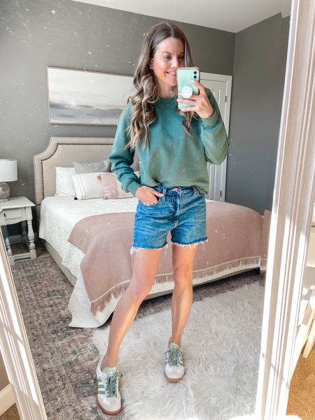 Spring outfit idea: pullover with jean shorts and sneakers. 
#softautumn palette

#LTKover40 #LTKfindsunder50 #LTKSeasonal