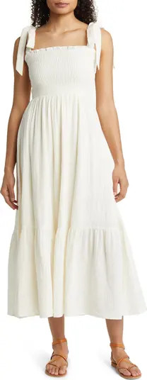 Smocked Tie Strap Cotton Gauze Midi Sundress | Nordstrom