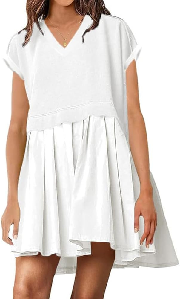 Womens Summer Dresses Oversized Short Sleeve V Neck Patchwork Casual Trendy Mini Pleated Swing Sw... | Amazon (US)