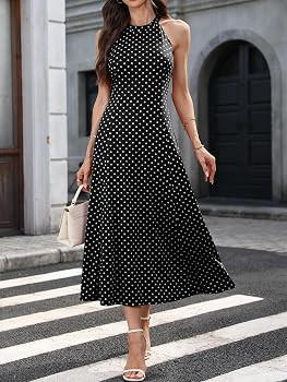 ELLEVEN Women\u2019s Polka Dot Halter Maxi Dress \u2013 Sleeveless A-Line Flowy Wedding Guest Dre... | Amazon (US)