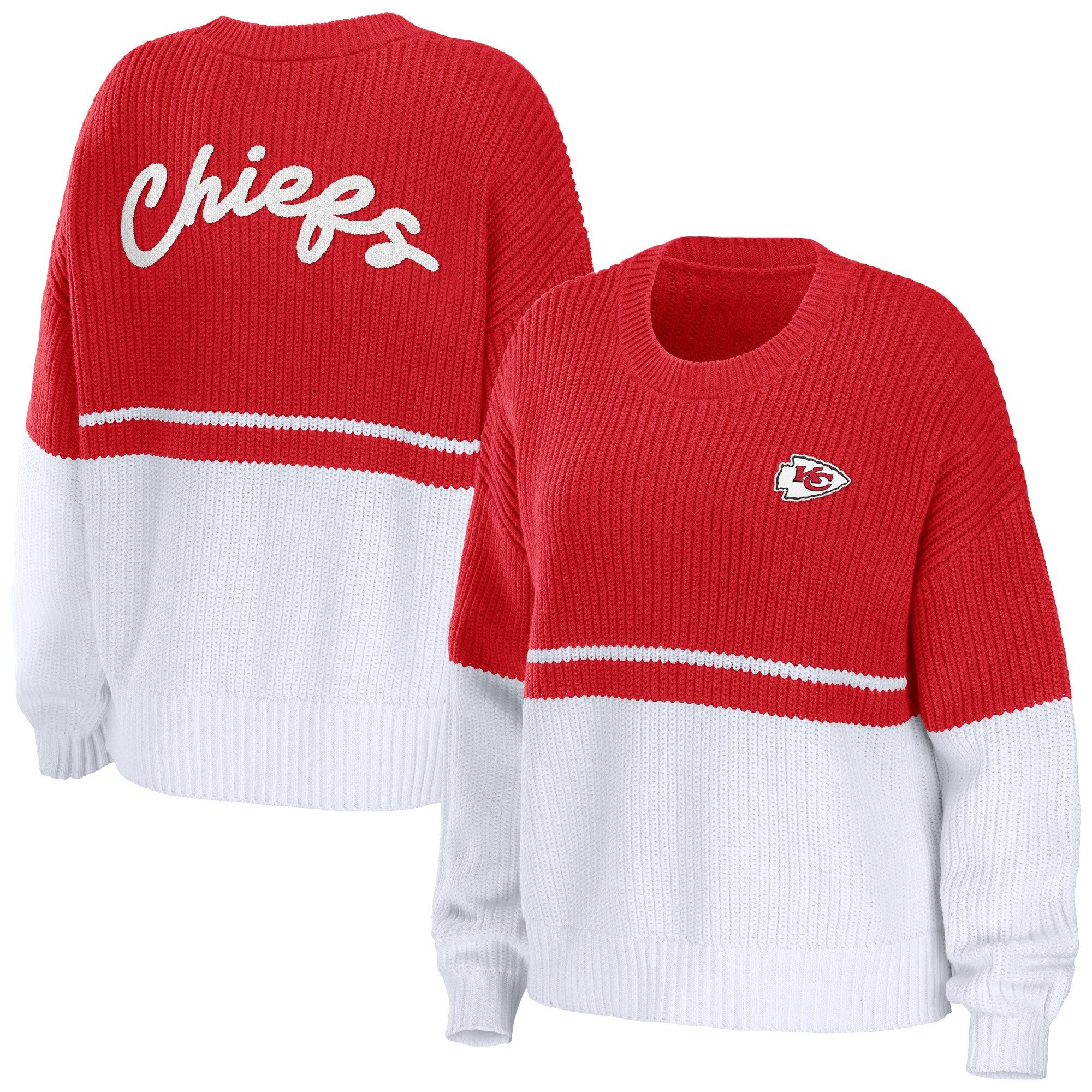 Women's Kansas City Chiefs WEAR by Erin Andrews Red/White Chunky Script Wordmark Pullover Sweater | NFL Shop