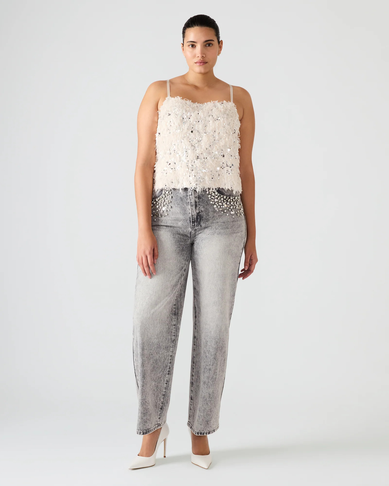 BLAKELYN Ivory Feather Sequin Embellished Women's Top | Steve Madden (US)