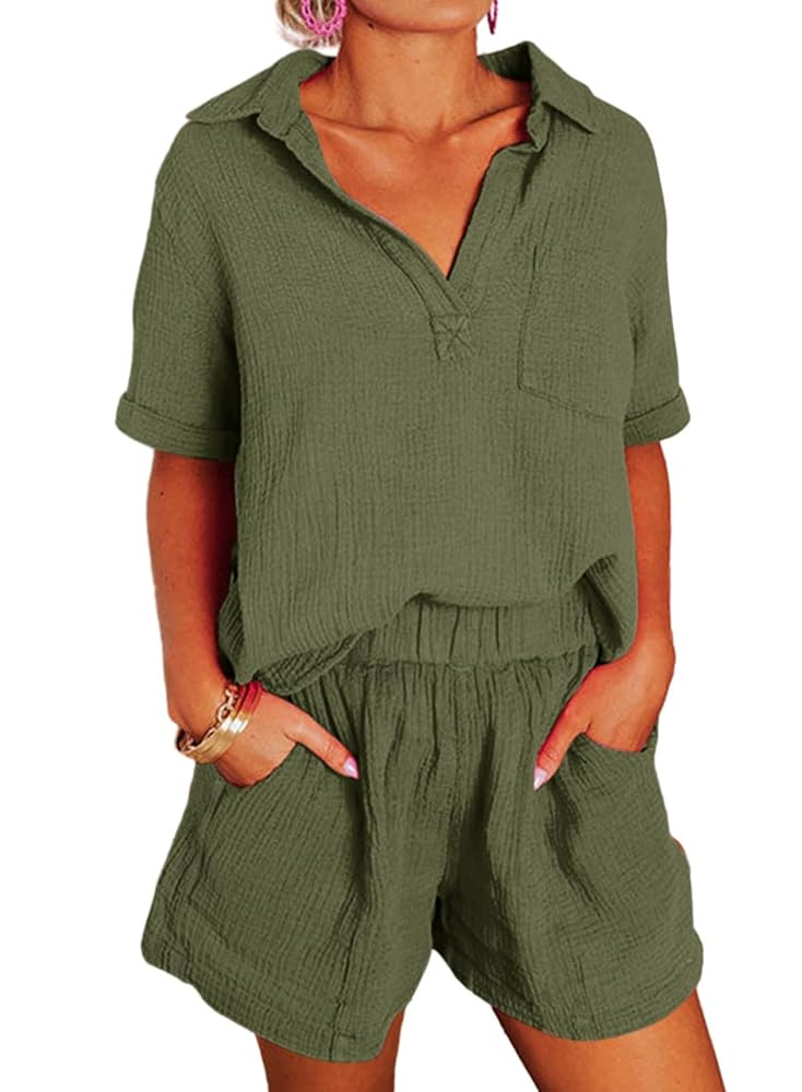 Dokotoo Women's Two Piece Outfits V Neck Short Sleeve Shirts and High Waist Shorts Lounge Sets | Amazon (US)