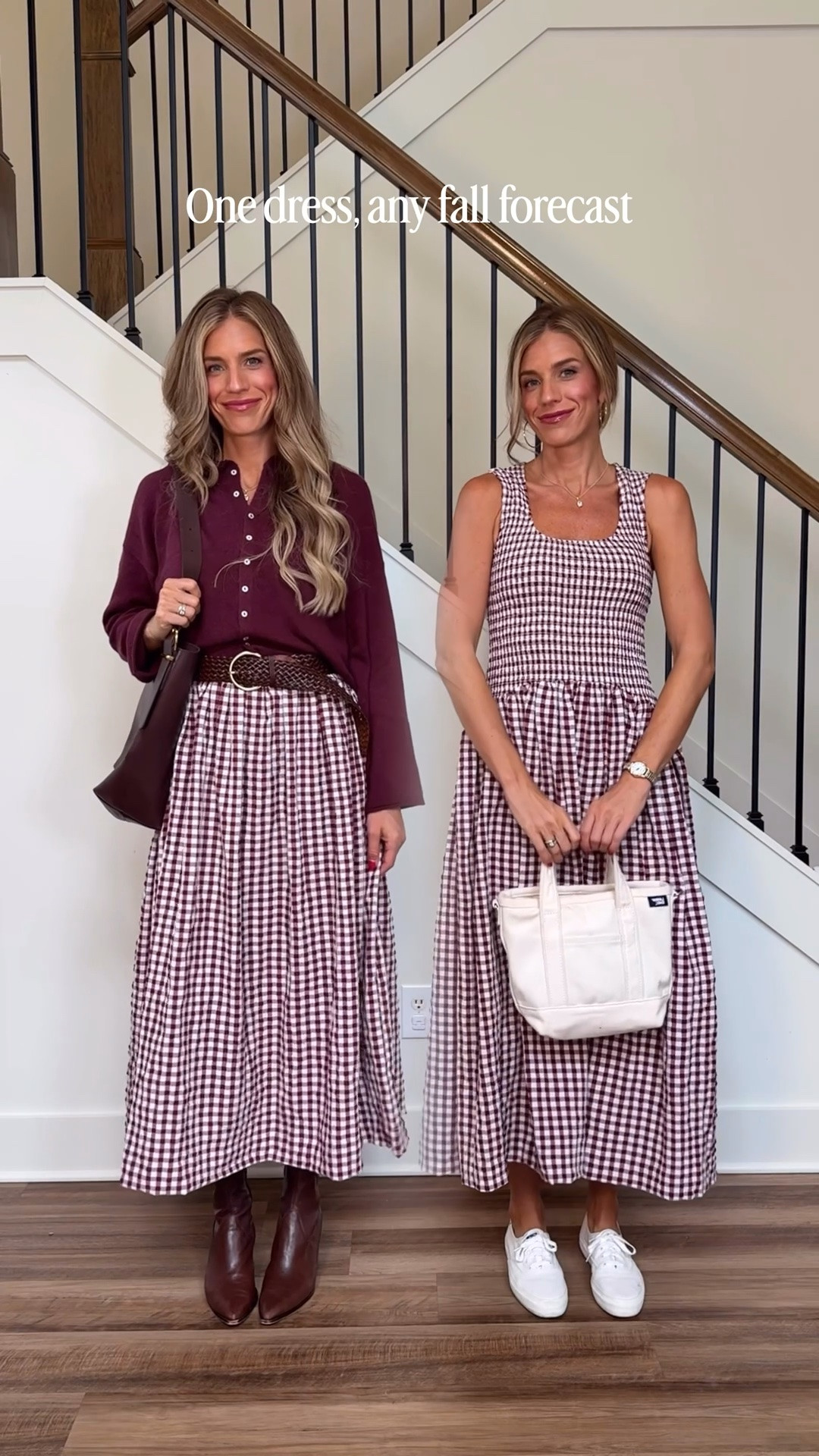 One dress, styled two ways for fall 🤎 Wearing a size 6 in the dress and a medium in the cardigan!